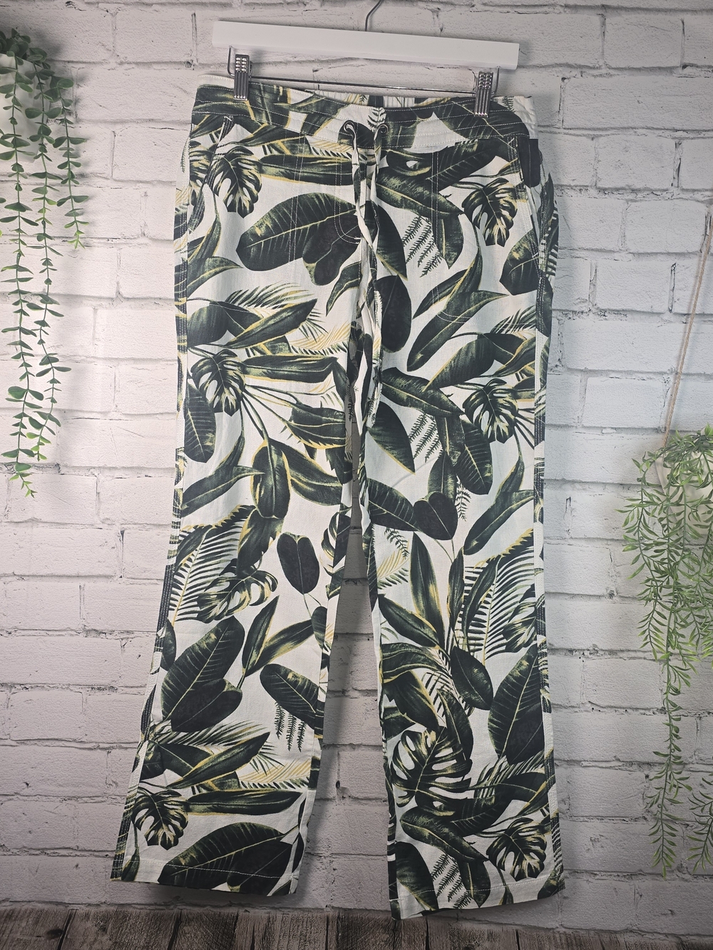 PER SE TROPICAL LEAF PALM PRINT LINEN-BLEND PANTS SUMMER RESORTWEAR WOMENS M